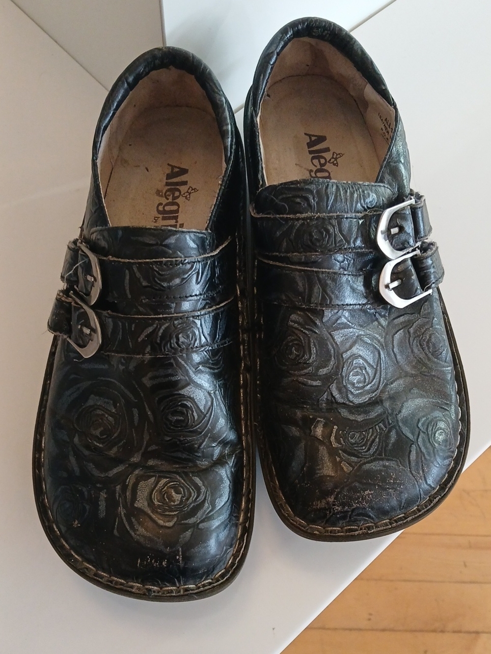 Alegria Black Rose Embossed Double-Buckle Shoes